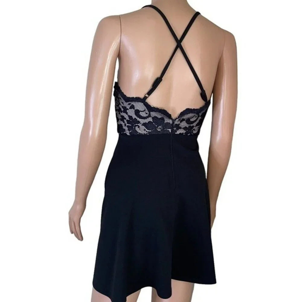 Morgan & CO dress fit & flare black and nude lace top short mini skater SZ 0*